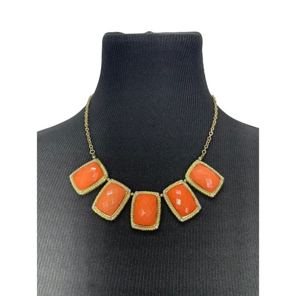 Vintage 80's Fun Coral Peach Cleopatra Style‎ Square Gem Bib Gold Tone Necklace - Picture 1 of 6